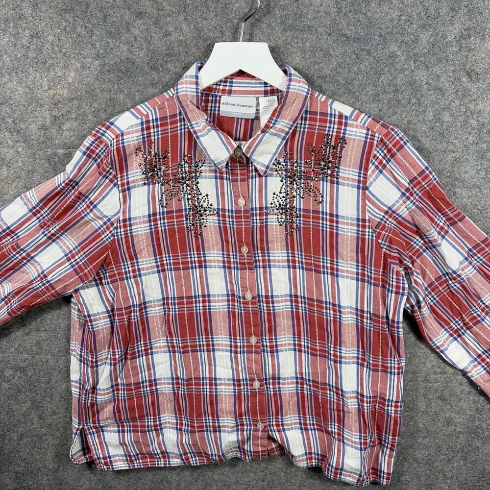Alfred Dunner Women's Red Plaid 3/4 Sleeve Button Front‎ Top Floral Beading 18P